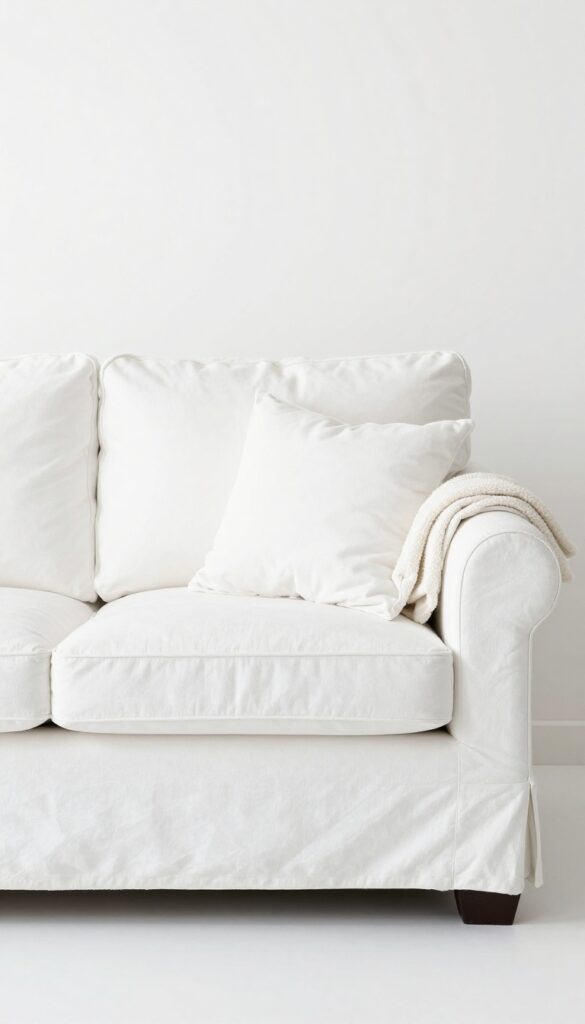 White slipcovered couch in bright living room with natural light and cozy accents