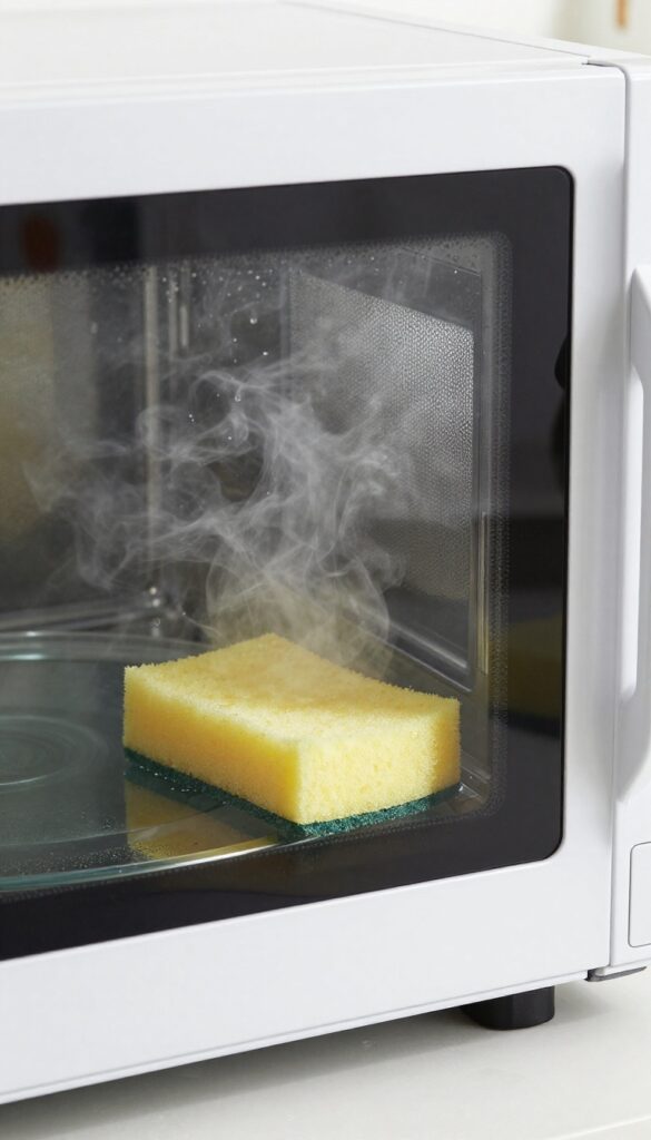 Wet sponge in microwave producing steam for quick cleaning