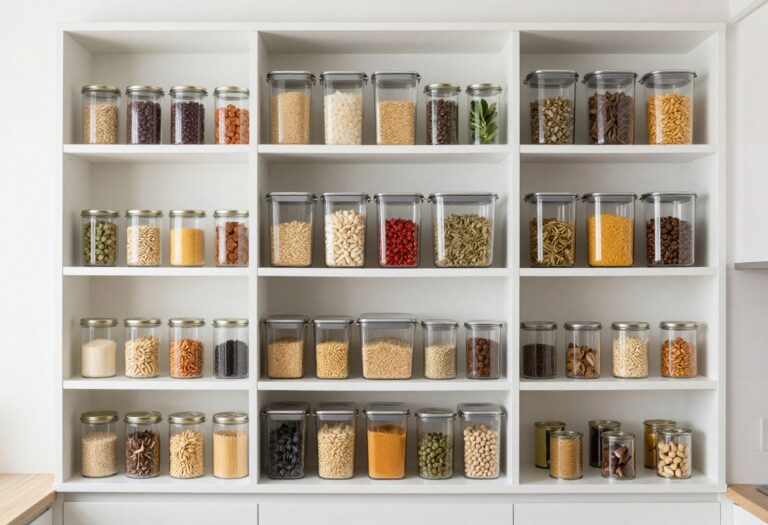 Organized pantry with clear containers and labeled bins on white shelves