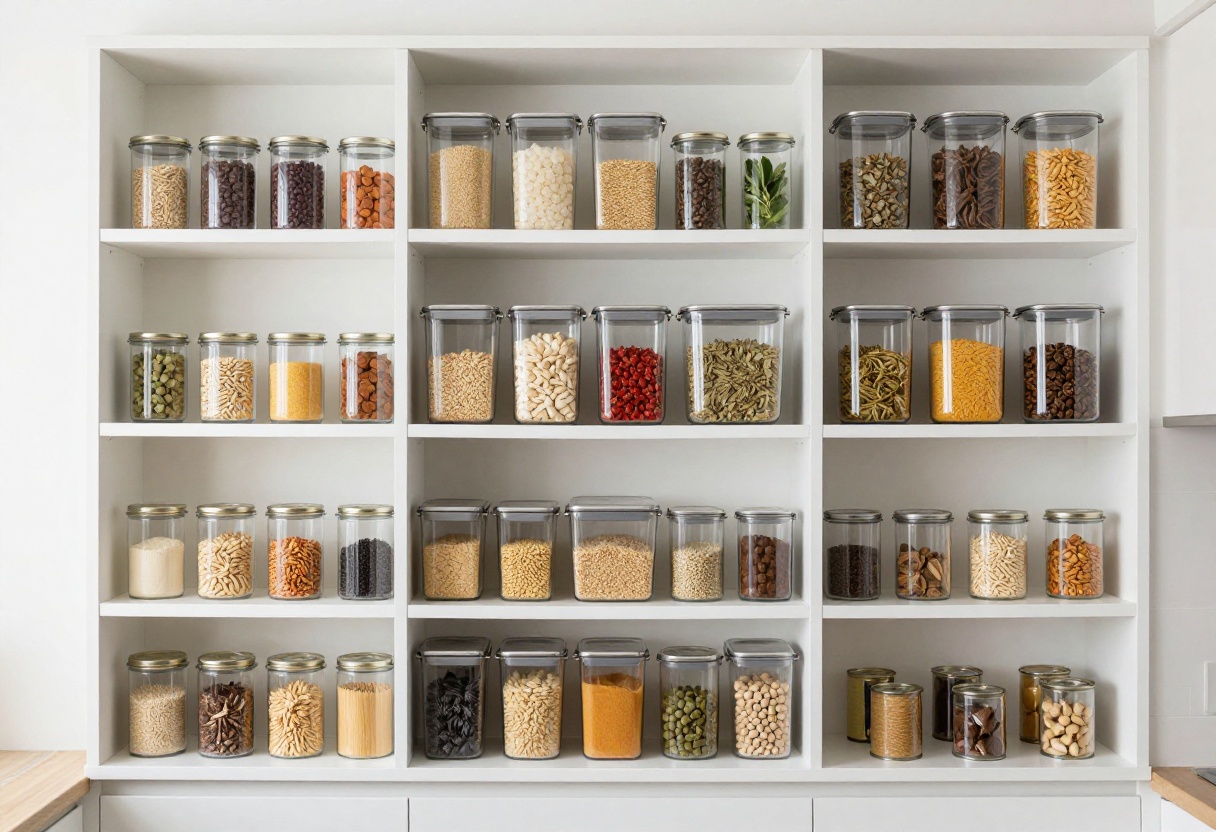 Organized pantry with clear containers and labeled bins on white shelves