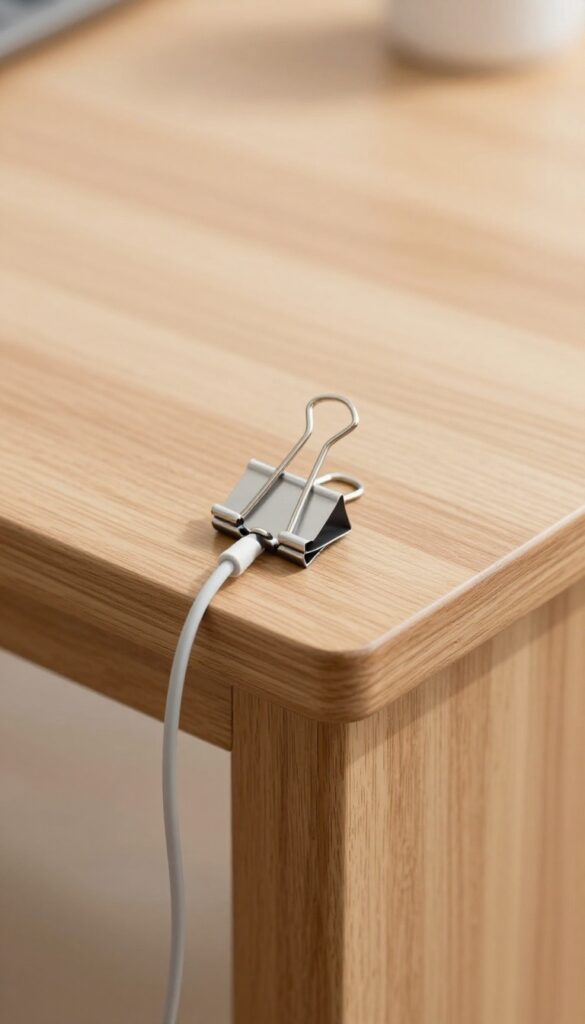 Binder clip attached to desk edge organizing a charging cable