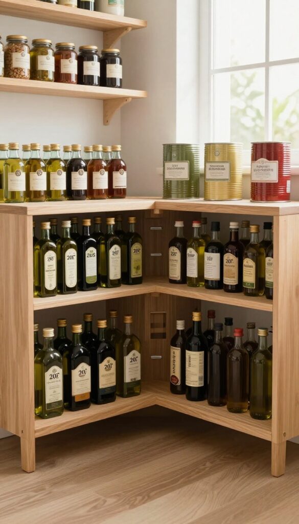 Large lazy Susan on pantry floor holding bottles and cans, with shelf above