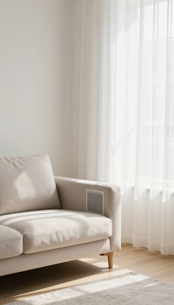 A living room with a floor register kept clear of furniture, allowing unobstructed airflow for better HVAC efficiency.
