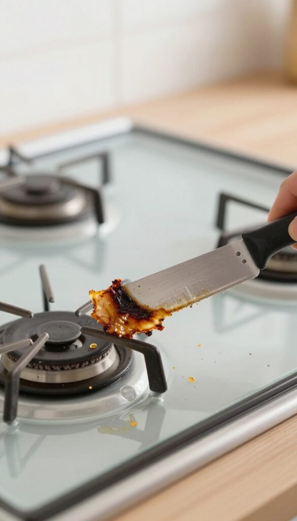 Razor blade scraping baked-on gunk from glass gas stove top