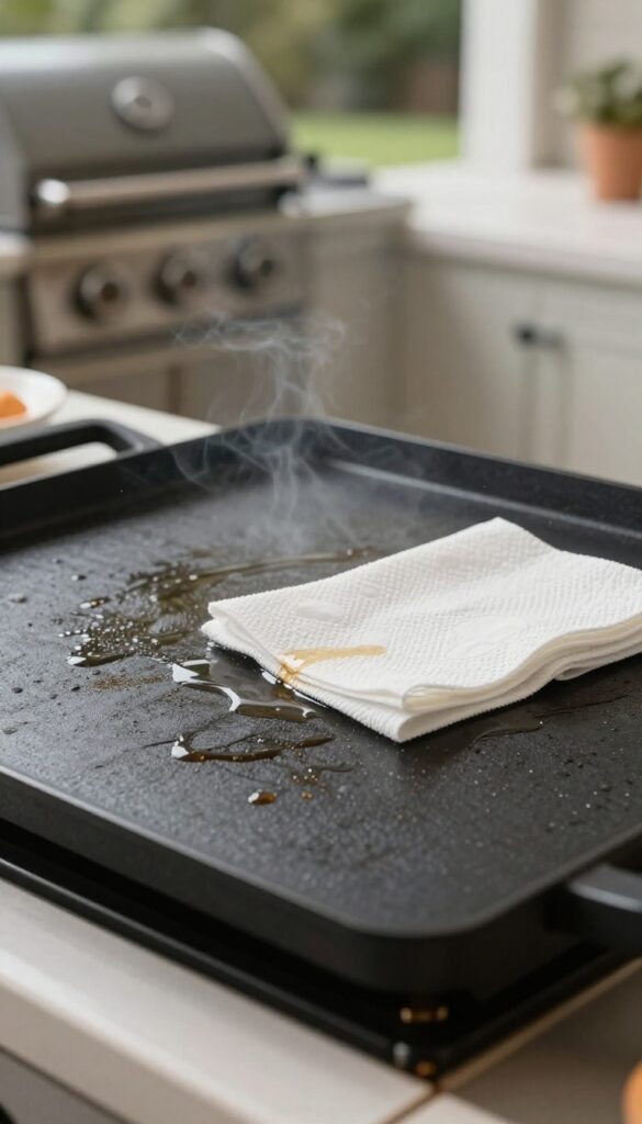 Wiping a Blackstone griddle with a paper towel to remove grease after cooking