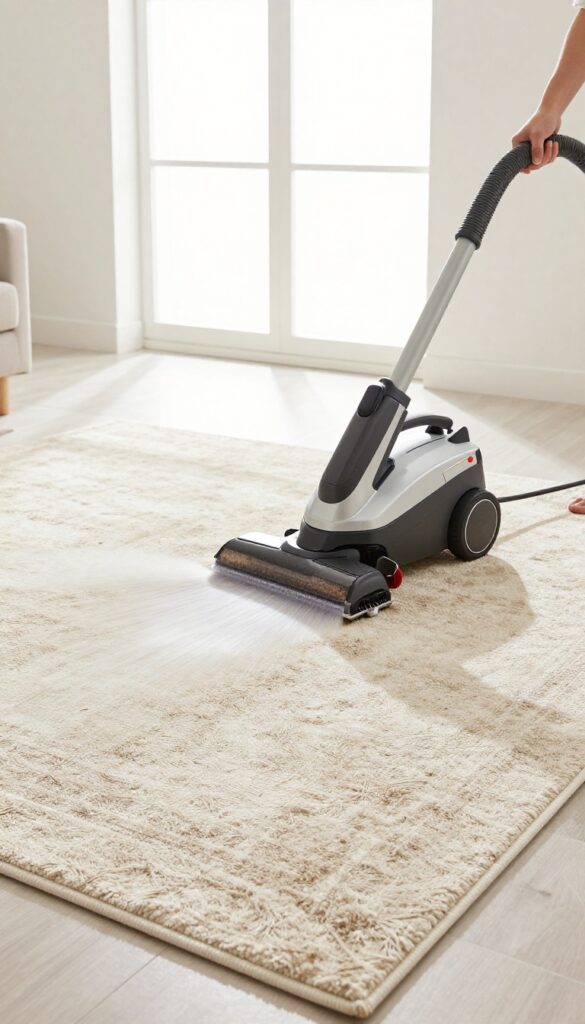 Professional rug cleaning with hot water extraction machine on a plush rug in a bright living room