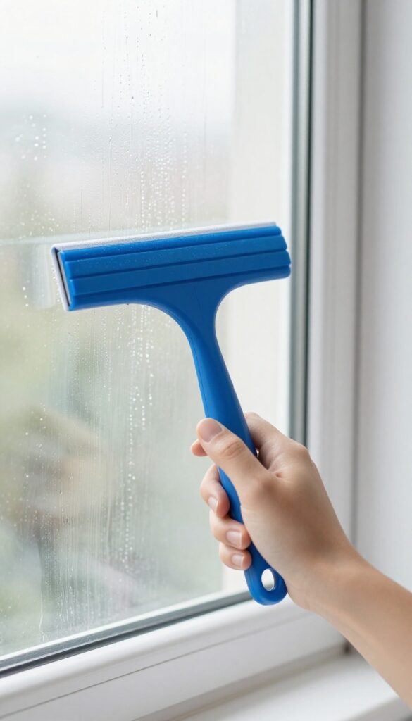 Person cleaning a window with a squeegee on a cloudy day to avoid streaks