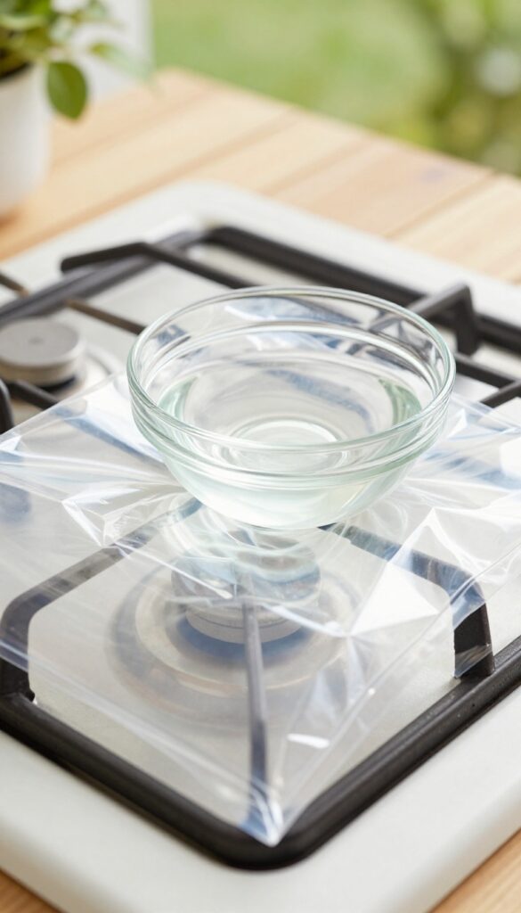 Gas stove grate in a sealed plastic bag with a bowl of ammonia outdoors for cleaning baked-on grime.