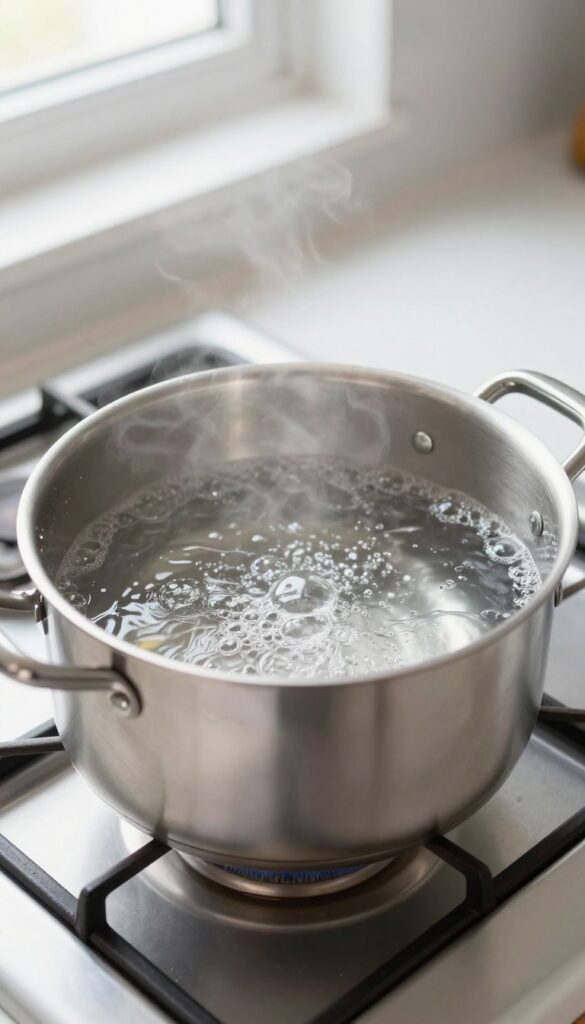 Gas stove grates submerged in a pot of boiling water on a stove, with bubbles and grease rising to the surface.