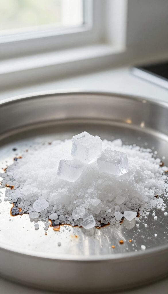 Salt and ice cubes on a burnt pot bottom for cleaning