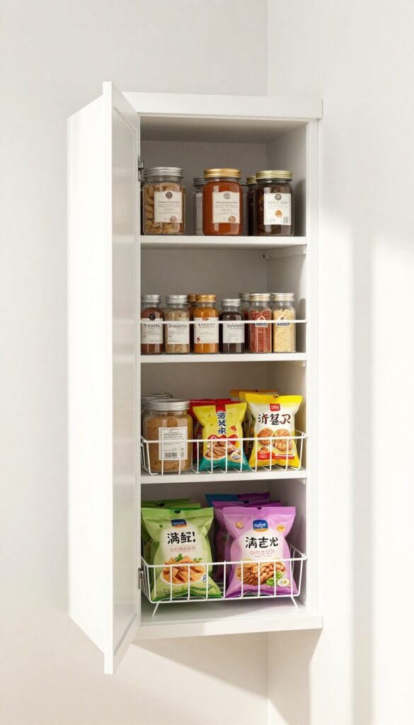 Door-mounted rack in a small corner pantry holding spices and snacks