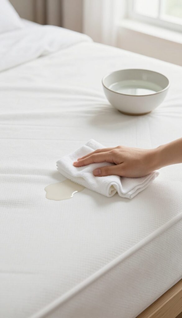 Close-up of a mattress being spot cleaned with a damp cloth and mild dish soap in bright natural light.