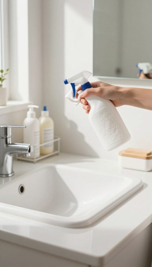 Person doing a quick bathroom cleaning with spray bottle and microfiber cloth