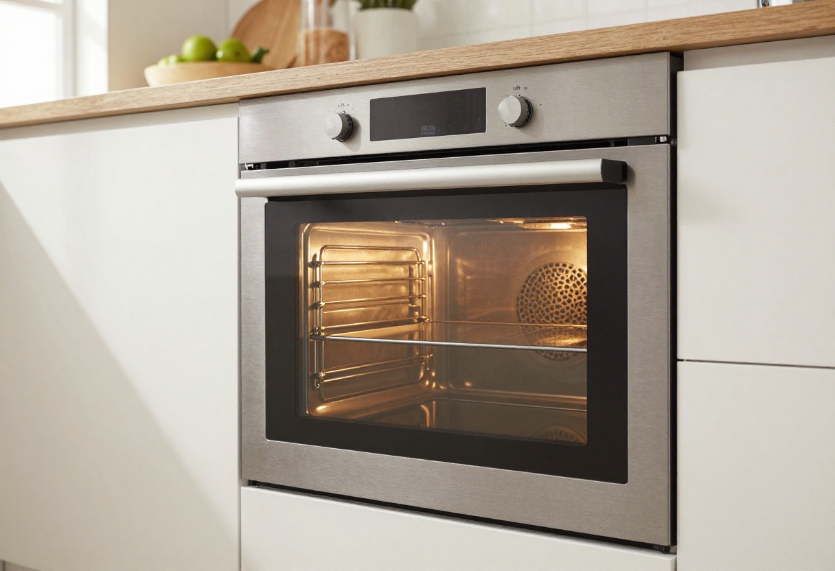 Clean oven interior with glass door open, sparkling and grease-free, in a bright kitchen.