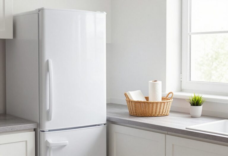 Organized top of fridge with basket and plant in a bright kitchen
