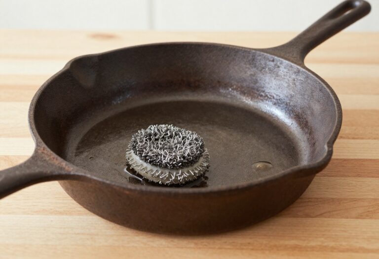 Cleaning rusty cast iron skillet with steel wool and vinegar solution