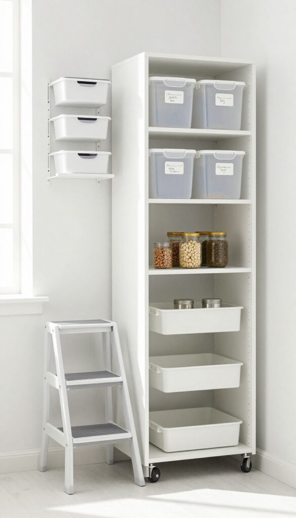 Pantry with step stool and rolling cart for accessing high shelves