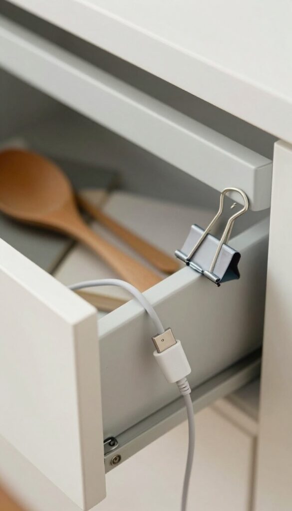 Binder clip attached to drawer side holding a charging cord neatly in place.