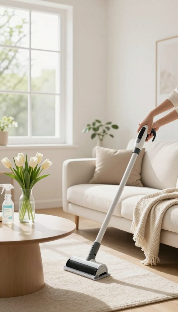 Person cleaning a white sofa in a sunlit spring living room with tulips and natural cleaner on coffee table.