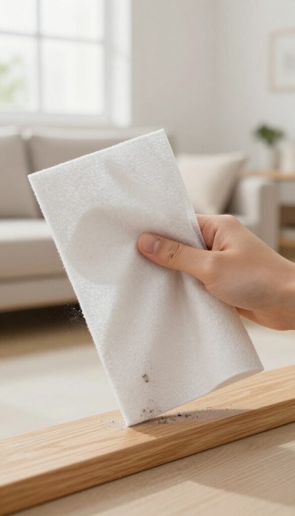 Person dusting a baseboard with a dryer sheet in a bright living room