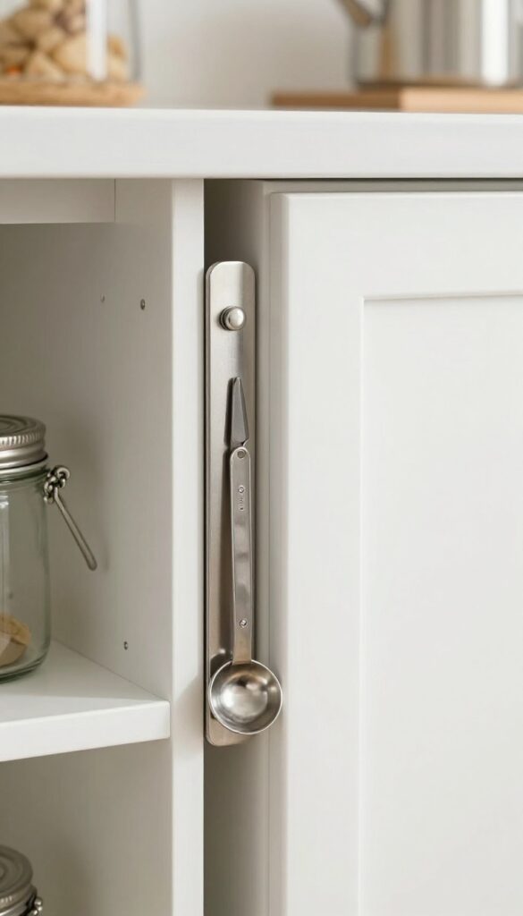 Inside pantry cabinet door with magnetic strip holding metal lids and tools