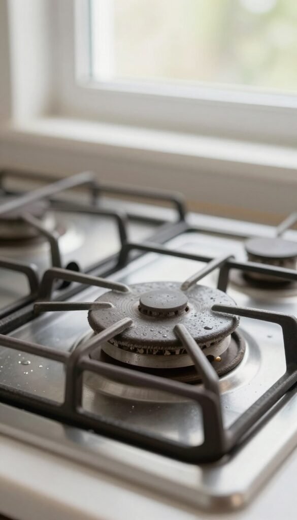 Cast iron stove grate cooling on stovetop in bright kitchen
