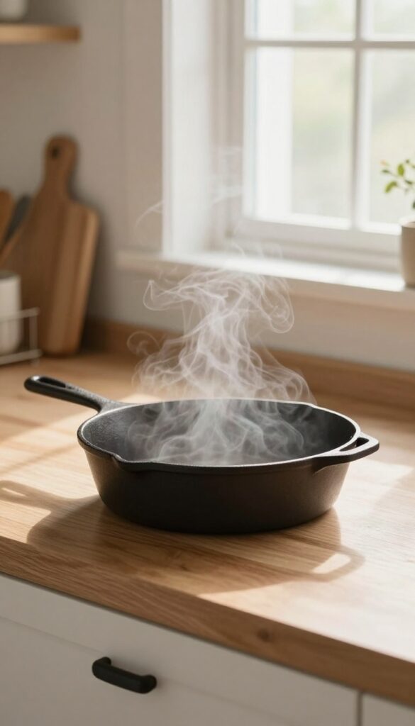 Cast iron skillet cooling on a wooden countertop with steam rising in natural light