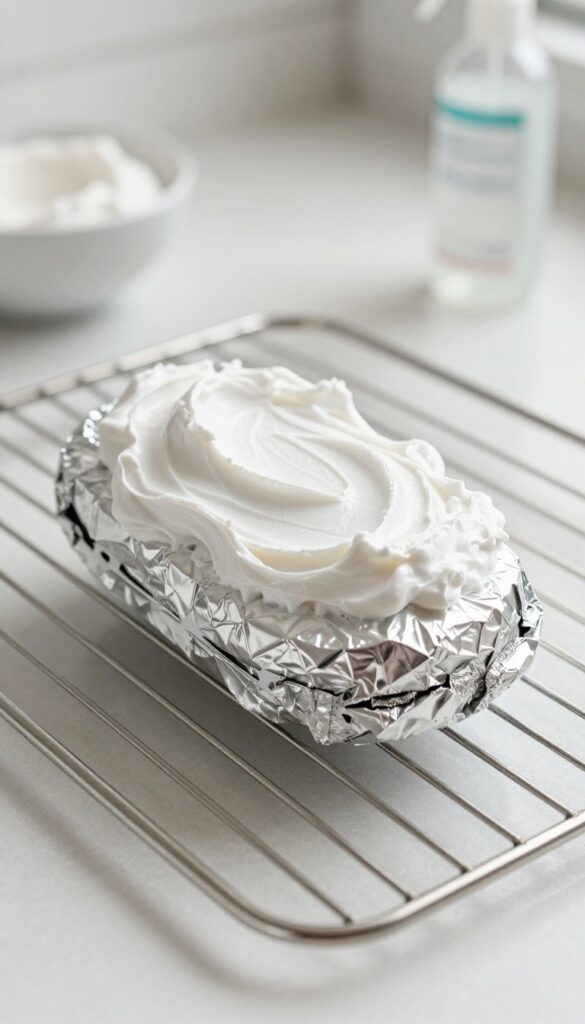 Close-up of scrubbing an oven rack with aluminum foil and baking soda paste in bright kitchen light