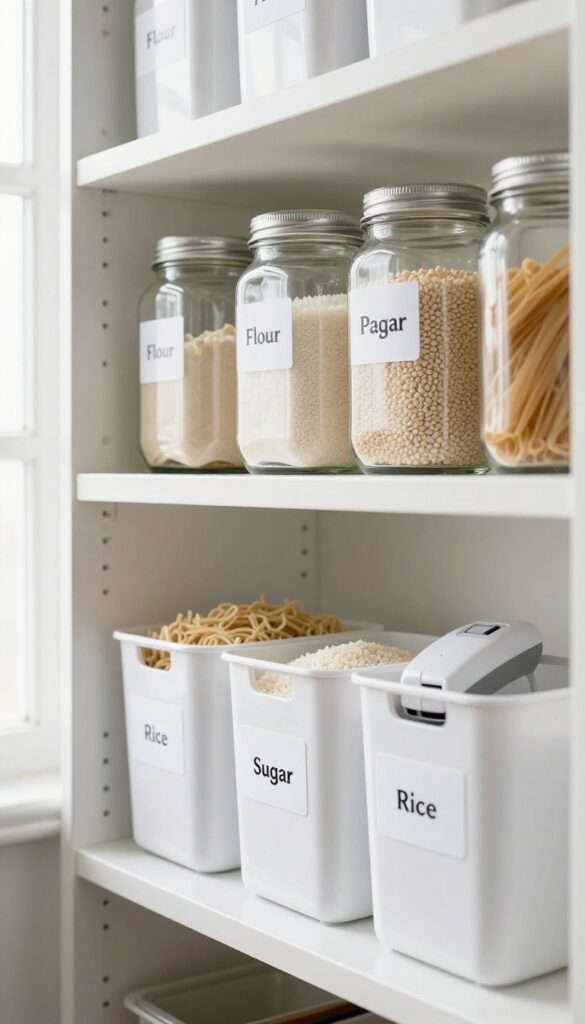 Organized pantry with labeled bins and jars on open shelves, label maker visible, bright natural light