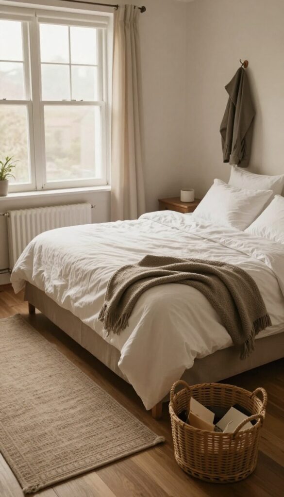 A bright, organized bedroom with a made bed, fluffed pillows, and a basket, illustrating a quick two-minute reset habit.