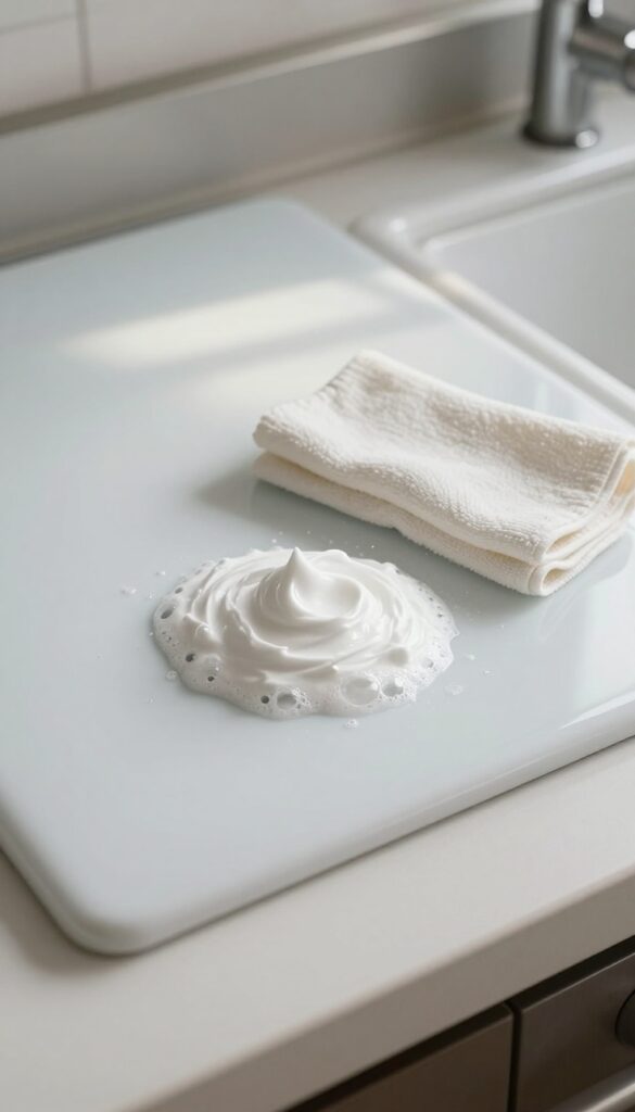 Baking soda and vinegar paste applied to a greasy stovetop, ready to clean.