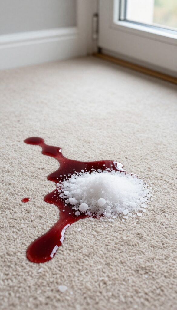 Salt being poured onto a red wine spill on a beige carpet