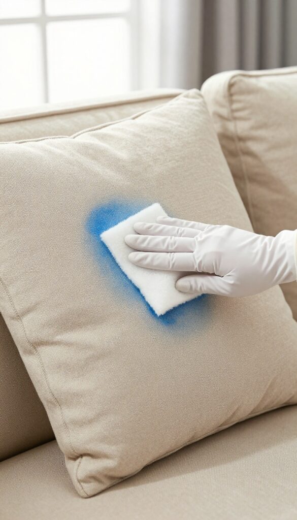 Person removing ink stain from sofa cushion with rubbing alcohol and cotton ball