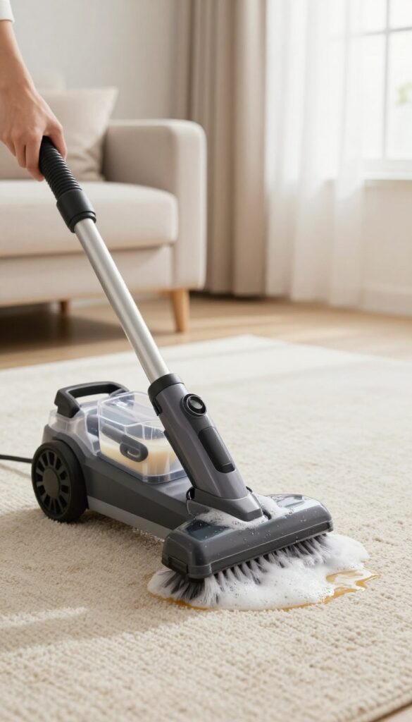 Carpet shampooer with homemade cleaning solution cleaning a deep stain on a beige carpet in a bright living room.
