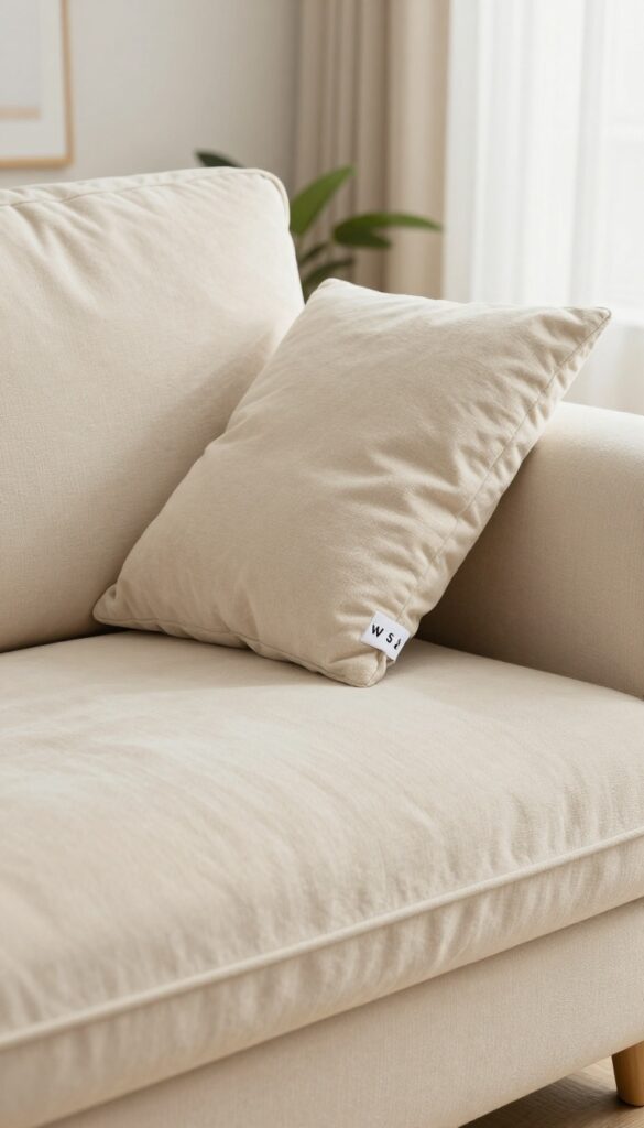 Close-up of a microfiber couch cushion lifted to show the manufacturer's care tag with cleaning code symbols.