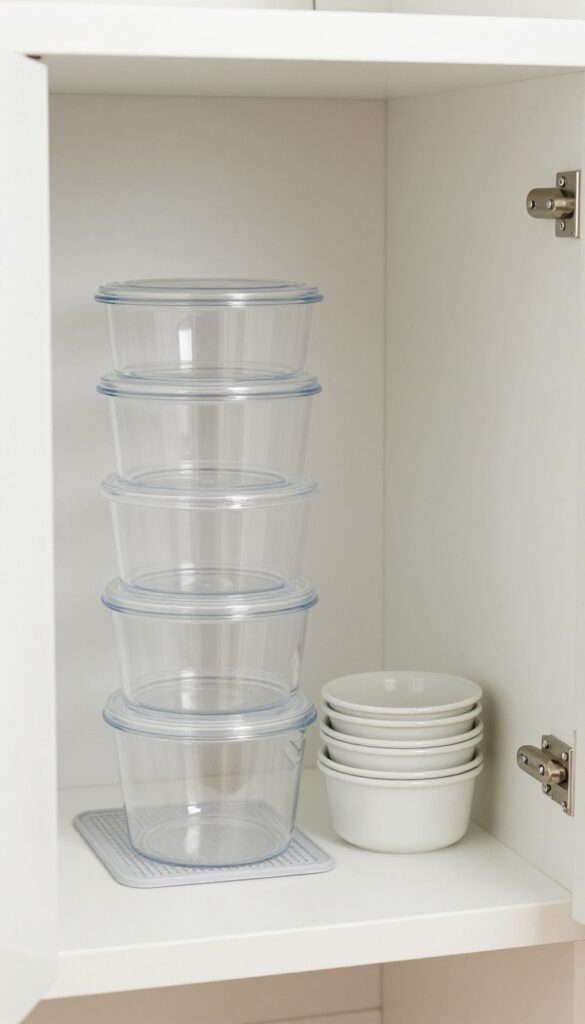 Camper pantry organization with lids stored vertically in a clear bin, pots stacked nearby