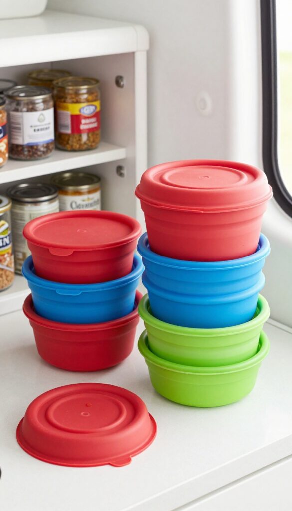 Collapsible silicone containers stacked on a camper van kitchen counter, one filled with leftover chili, bright natural light, organized pantry background.