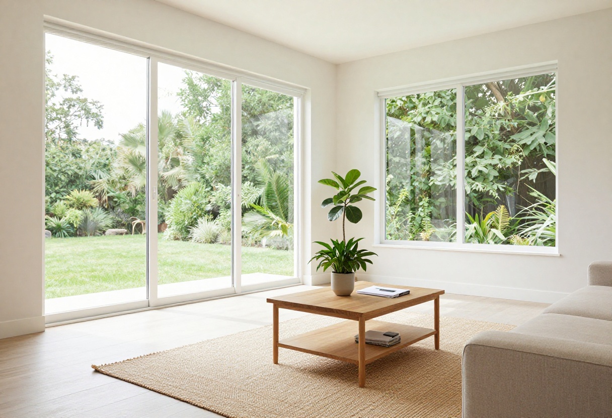 A clean and organized living room with a coffee table, plant, and natural light.