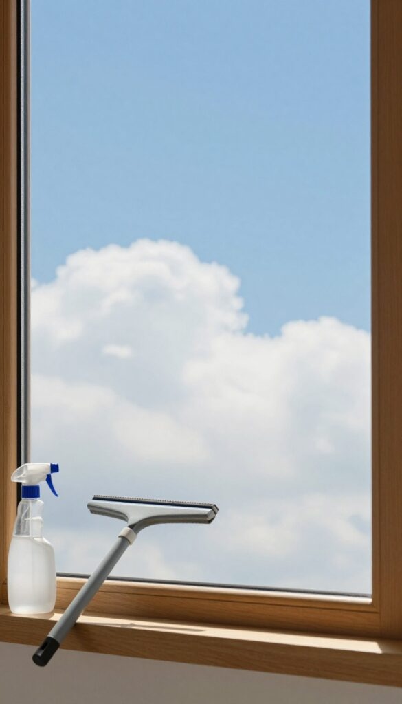 Sparkling clean window with squeegee and spray bottle on windowsill