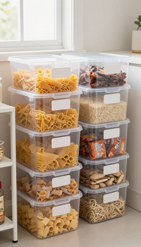 Stackable clear plastic bins on pantry floor, neatly organized with labels, bright natural light