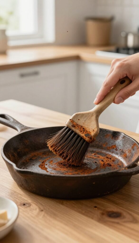 Hand scrubbing dry rust off a cast iron skillet with a stiff brush, bright natural light, kitchen setting.