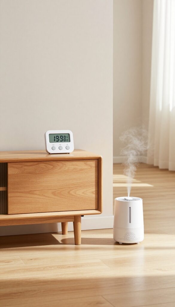 Hardwood floor with hygrometer and humidifier in bright living room