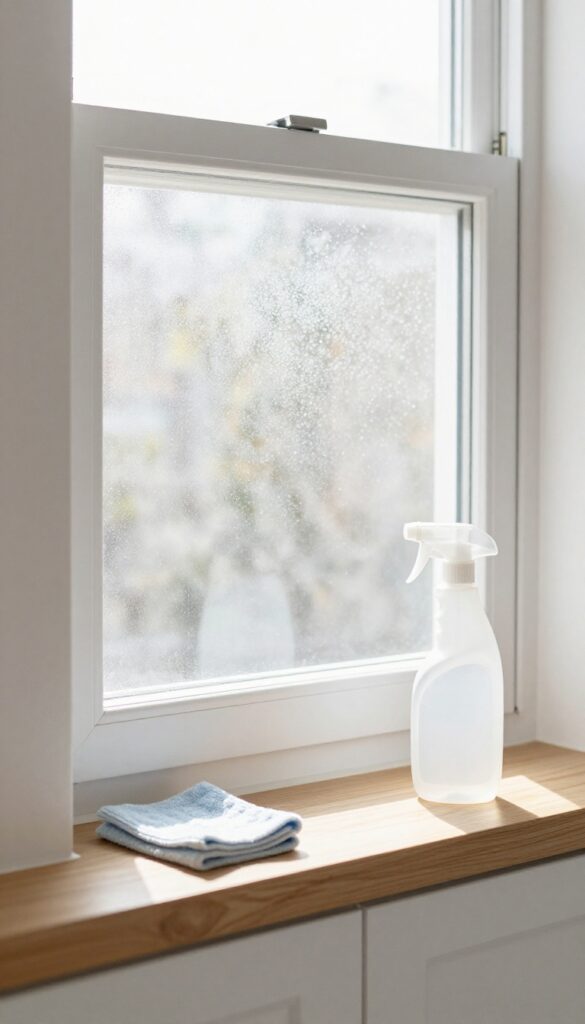 Clean kitchen window and window sill with cleaning supplies