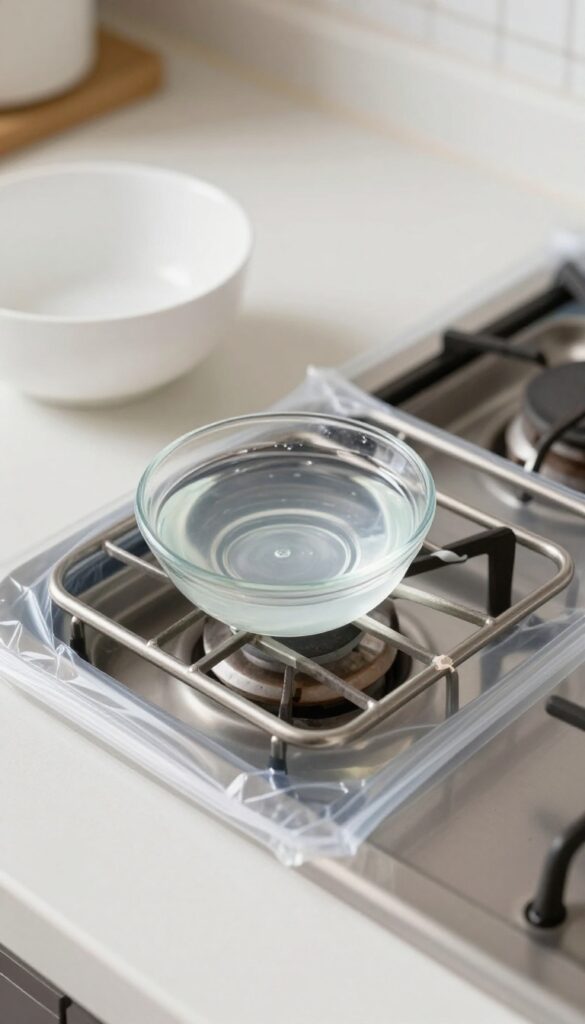 Stove grate in a sealed plastic bag with a bowl of ammonia for the fume cleaning method