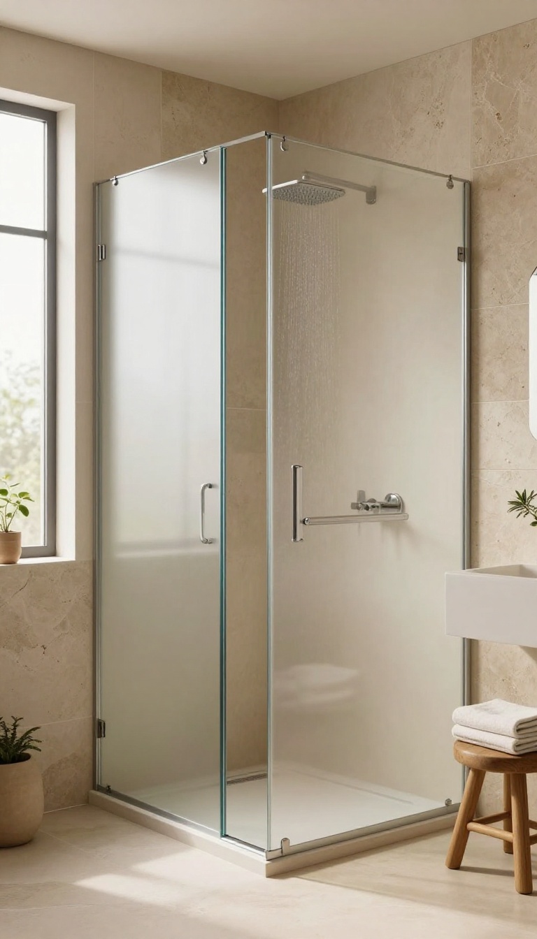 Modern bathroom shower with frosted lower glass and clear upper glass, warm decor, natural light