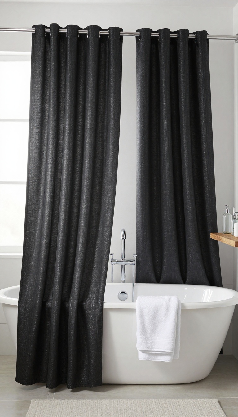 Black shower curtain with metallic threads in a bright, minimalist bathroom