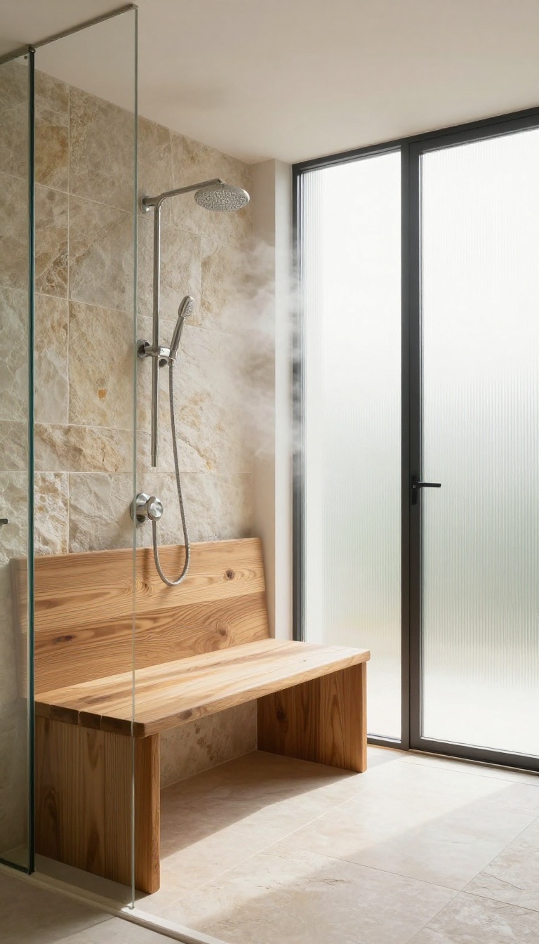 Steam shower with built-in teak seating in a corner, surrounded by stone tiles and glass, with soft steam and natural light.
