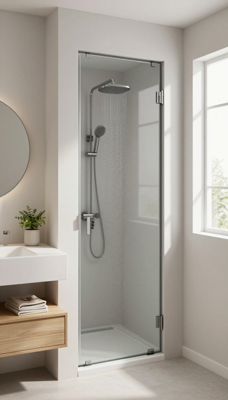 A tiny modern bathroom with a pocket door sliding into the wall, revealing a compact glass shower and a floating vanity, demonstrating a space-saving layout.