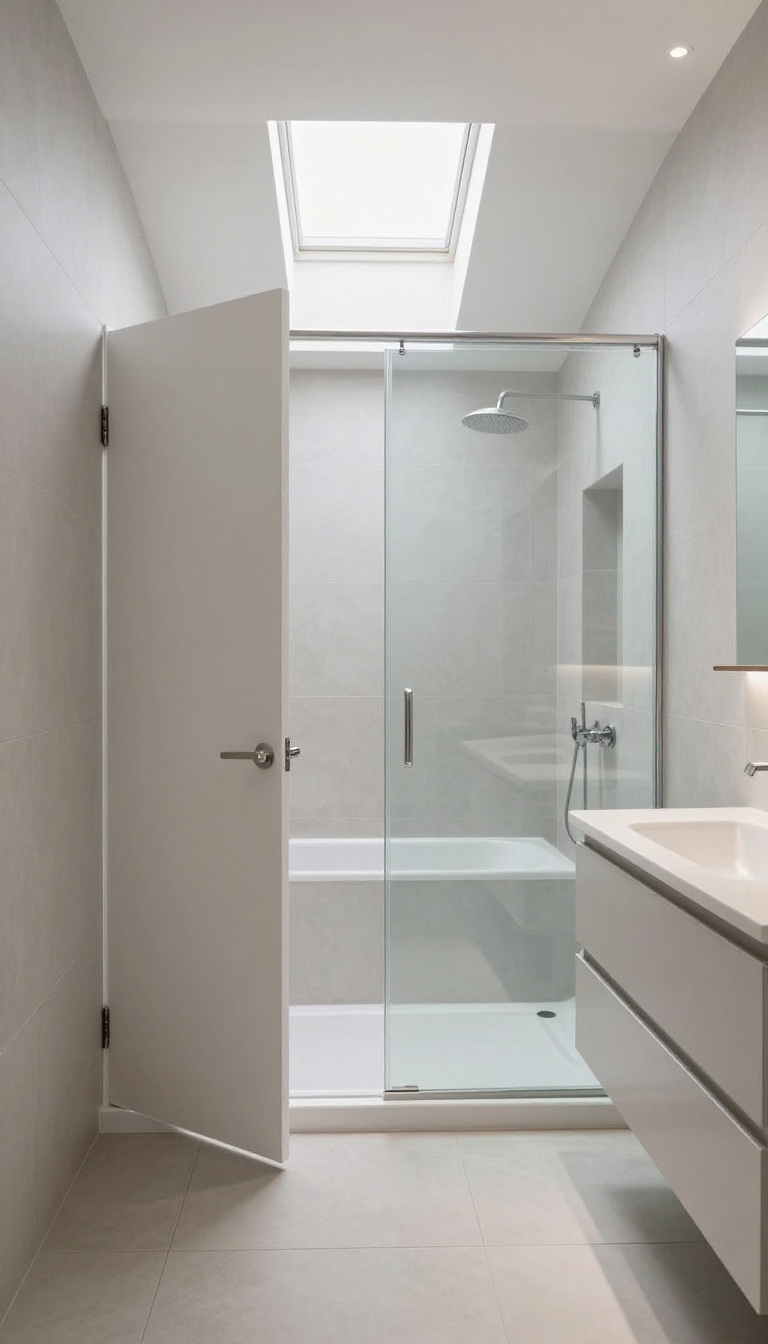 Compact bathroom with tub and shower combo, pocket door, and skylight