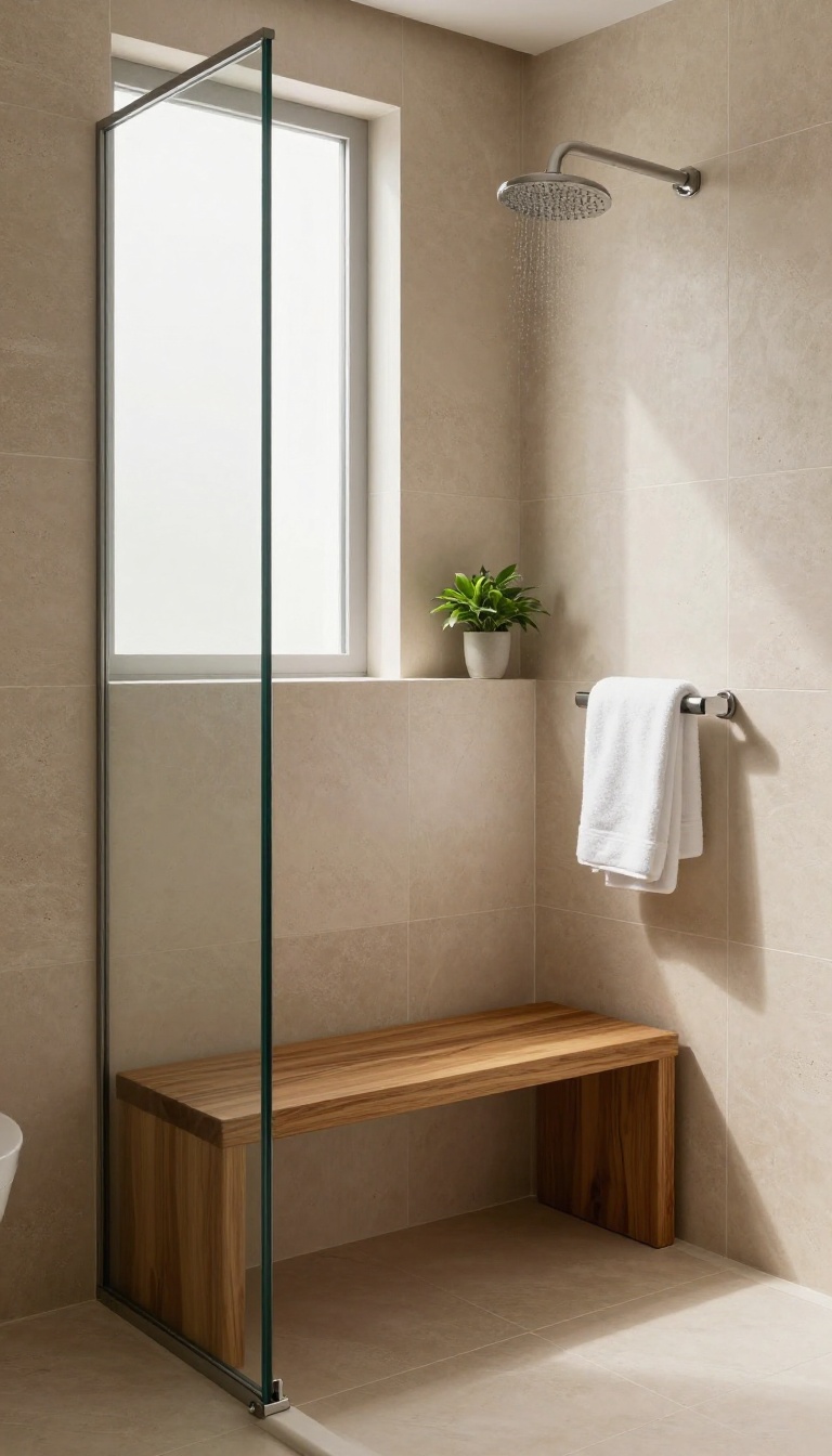 Modern stand-up shower with a built-in teak wood bench, warm natural light, and clean tile design